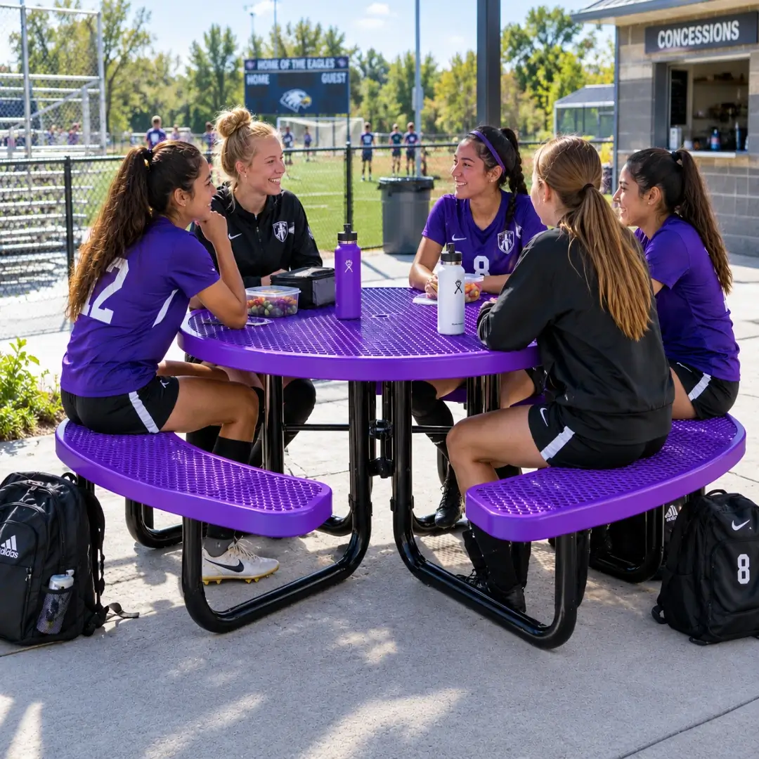 High school soccer players gathering around a purple round expanded metal picnic table outside an athletic field.